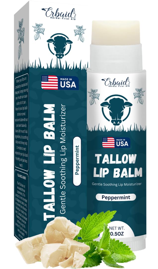 Beef Tallow Lip Balm – Natural Tallow Beeswax Chapstick – Hydrating Moisturizer Grass Fed Bison Tallow Balm Lip Care – Soothes Chapped, Dry Lips, Sensitive Skin – Long Lasting & Vitamin Rich USA-Made