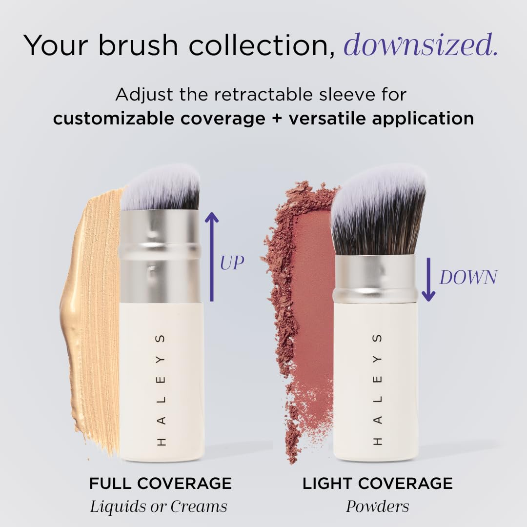 HALEYS Retractable Face Brush, VEGAN Dense, Angled Bristles & Adjustable Sleeve, Portable Makeup Brush for Quick, Easy Streak-Free Blending of Liquids, Creams, Powders, Travel-friendly Mess-Free Cap