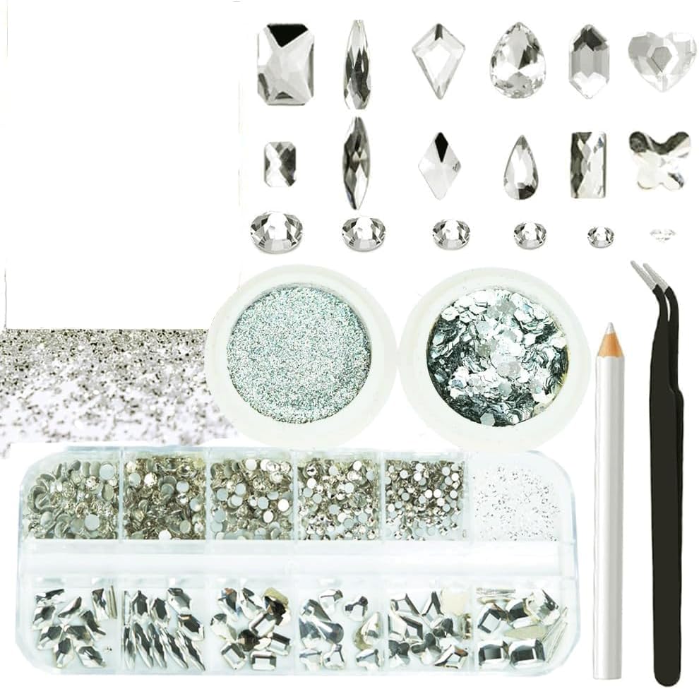 3 Boxes Silver Nail Rhinestones with Fine Glitters Kit, 60Pcs Big Assorted Silver Nail Gems with S6-S16 Flatback Round Stones,Crystals Nail Gem Stones for Faces Body DIY Crafts