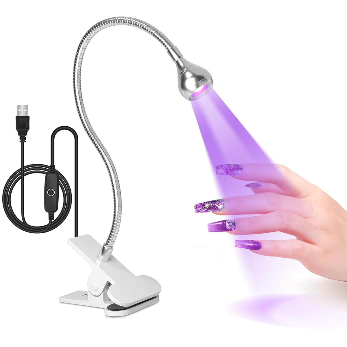 AORAEM U V Nail Lamp - Sliver 3W U V Light for Nails 35NM U V LED Nail Lamp with Gooseneck and Clamp for Gel Nails (AA-Silver)