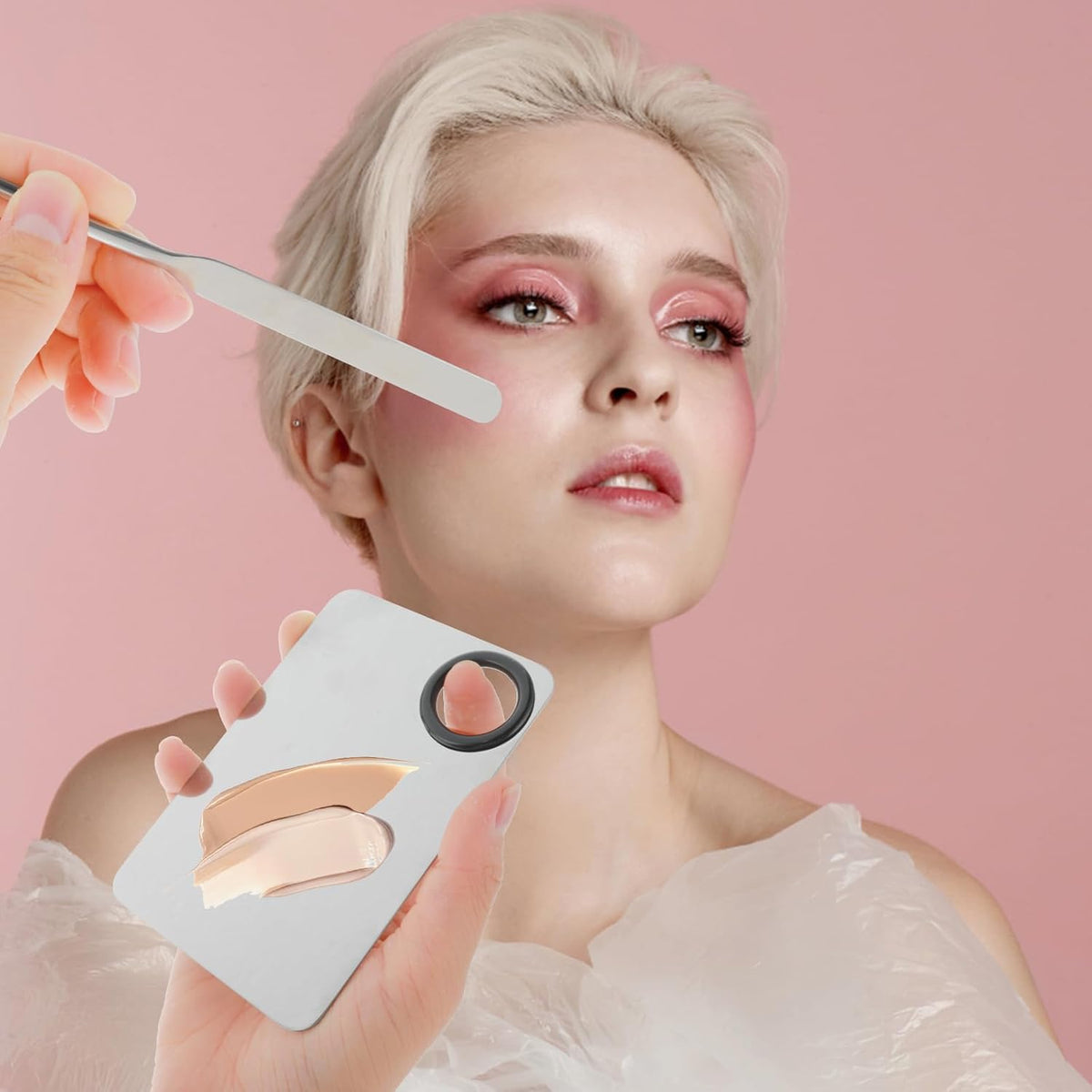 2 in-1 Set Make up Mixing Palette, Foundation Mixing Palette Stainless Steel Makeup Palette with Makeup Spatula for Professional Cosmetic Artist Make up Palette for Mixing Foundation Nail-Art