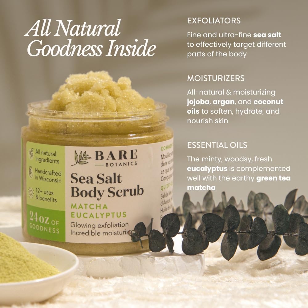 Bare Botanics Matcha Eucalyptus Body Scrub 24 oz - Naturally Scented Sea Salt Scrub Made in Madison, WI - Formulated w/Skin Loving Moisturizers - Vegan, Cruelty Free Exfoliator w/a Cute Wooden Spoon