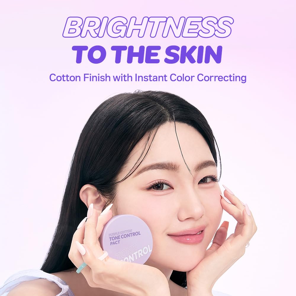 I'M MEME Compact - Purple Cotton Tone Control Pact | Korean Pressed Setting Powder With Berry Complex, Makeup Powder Foundation, Translucent Compact, Finishing Powder, Oil Free Face Powder, 0.35 Oz