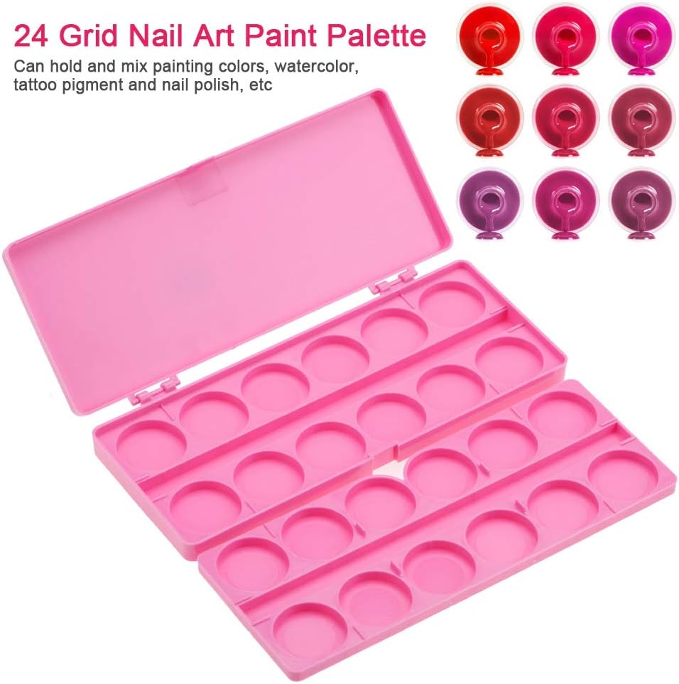 Nail Art Palette, 24 Grid Plastic Nail Art Paint Color Mixing Palette Plate Watercolor Pigment Color Mixing Case Manicure Drawing Tray(Rose Red)