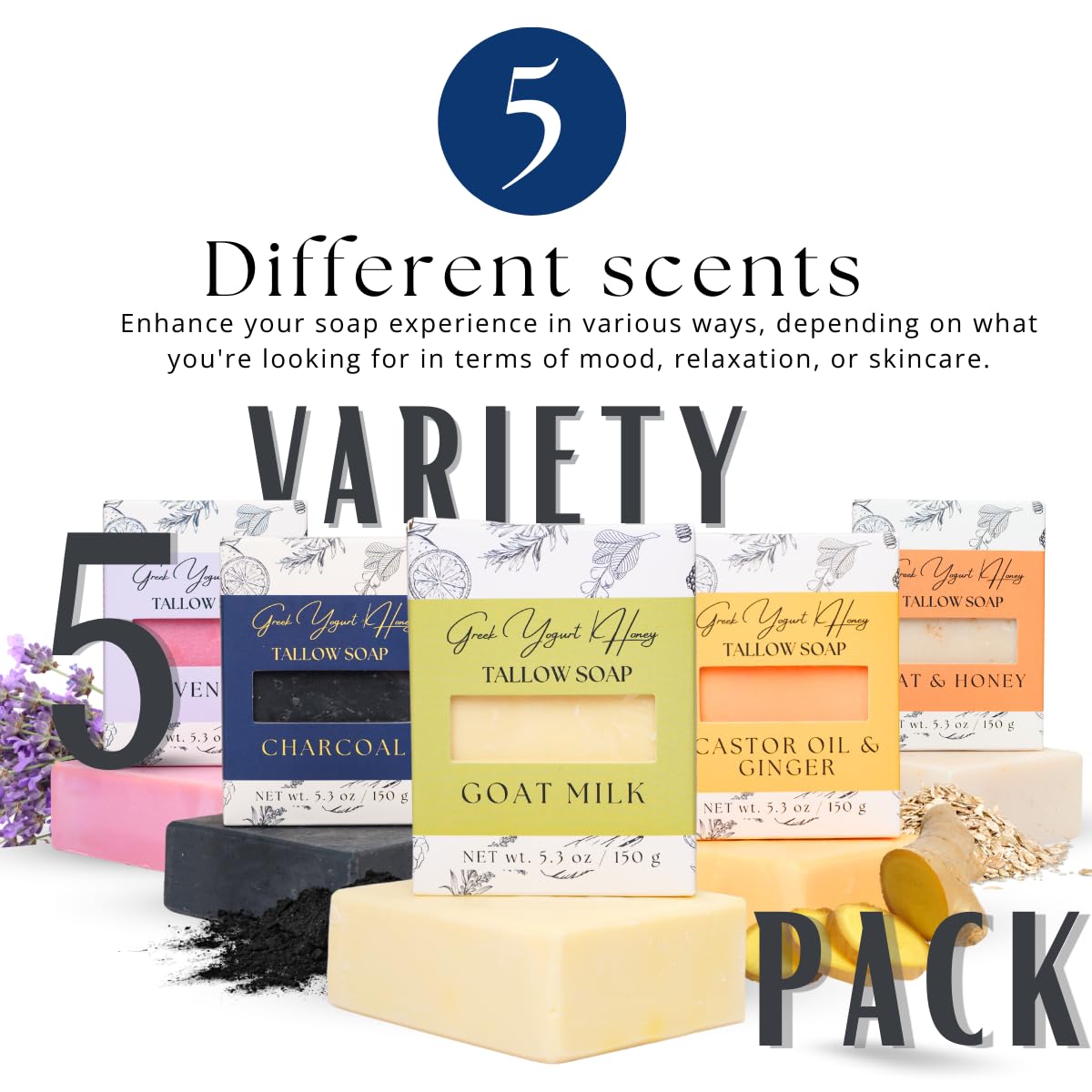 Greek Yogurt & Honey Tallow Soap Bar - Cold pressed handmade natural soap bars for face & body | Charcoal, Lavender, Oat & Honey, Castor Oil & Ginger, Goat Milk for Men and Women, 5 oz (pack of 5)