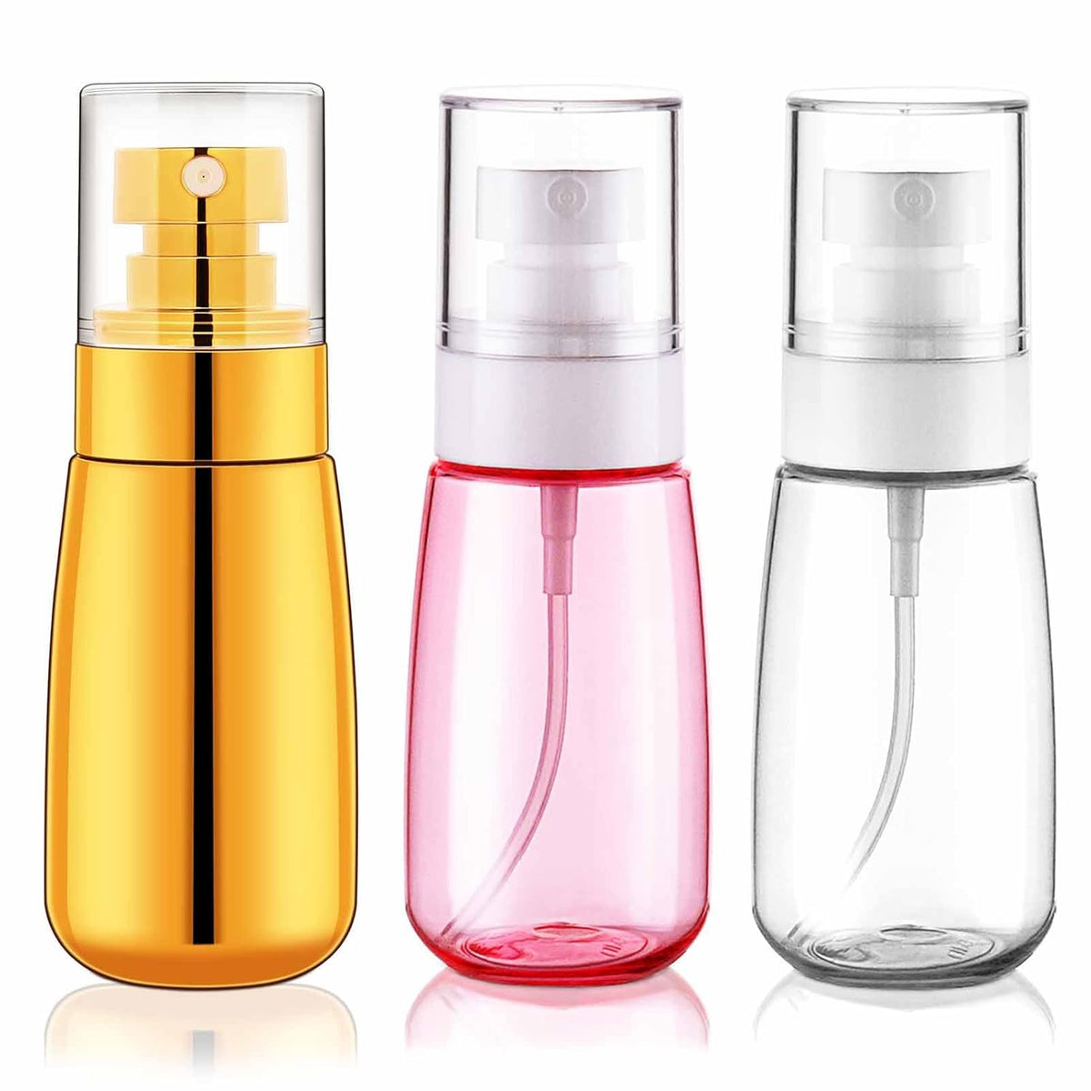 Cosywell Travel Spray Bottle 3 Pack 2oz 60ml Leak Proof TSA Approved Fine Mist Spray Bottle Empty Plastic Refillable Containers for Hair Perfume Toners Rose Water Cosmetics(Gold+Pink+Clear)