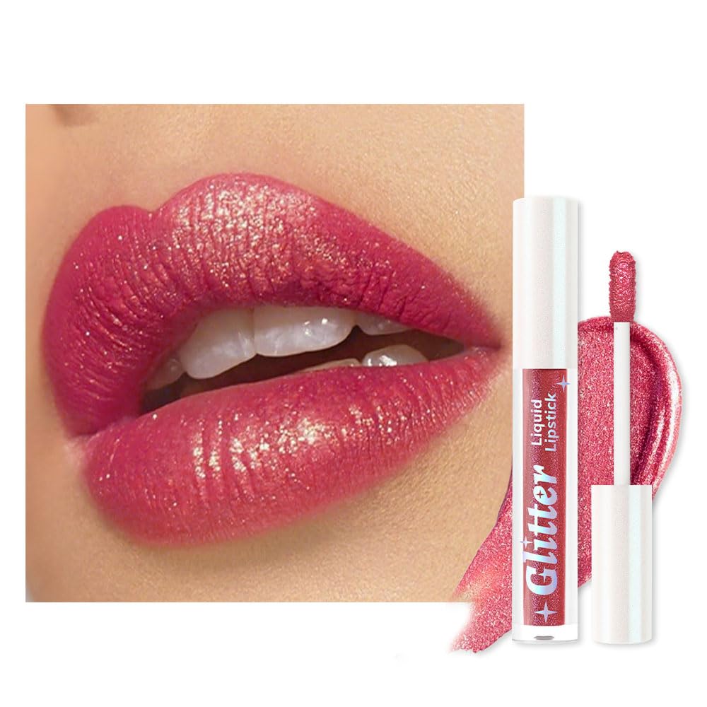 Dark Pink Metallic Lipstick for Women,Lightweight Glitter Sparkling Liquid Lipsticks,Shimmer Lip Gloss Stain Long Lasting Waterproof Smudge Proof Non-Drying 24 Hour Full Coverage Lip Makeup,Vegan