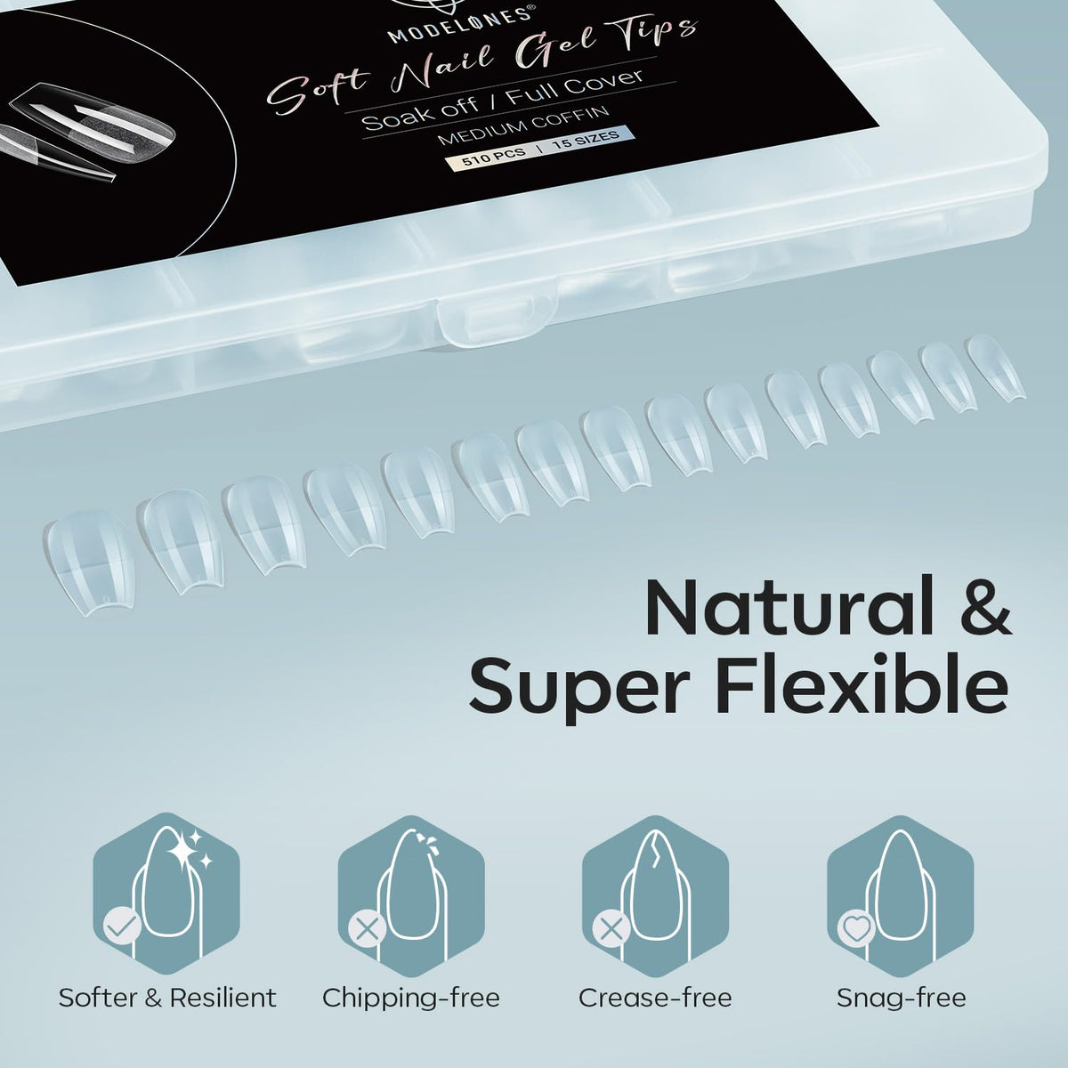 Modelones Medium Coffin Fake Nail Tips - 510Pcs Gel Tips Pre-shaped Half Matte Full Cover Clear Acrylic Gel Kit False Press on Nails for Extension DIY Salon 15Sizes