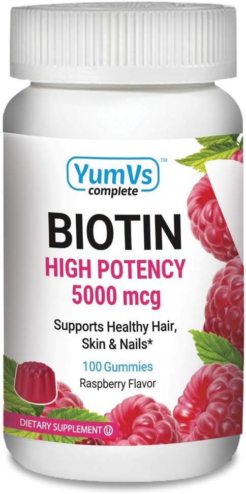 YUM-V'S High Potency Biotin Gummies by YumVs | Daily Dietary Supplement for Adults and Kids | Biotin 10000 mcg | Natural Raspberry Flavor Jellies, 100-Count | Vegetarian, Non-GMO, Kosher