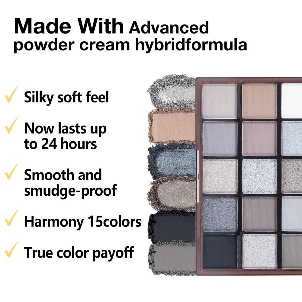 Smokey Black Eye Shadow Makeup Palette,15 Colors Gray Silver Dark Shimmer Matte Makeup Pallet,Long Lasting Waterproof Blendable for Daily and Halloween,Vegan,Cruelty -free