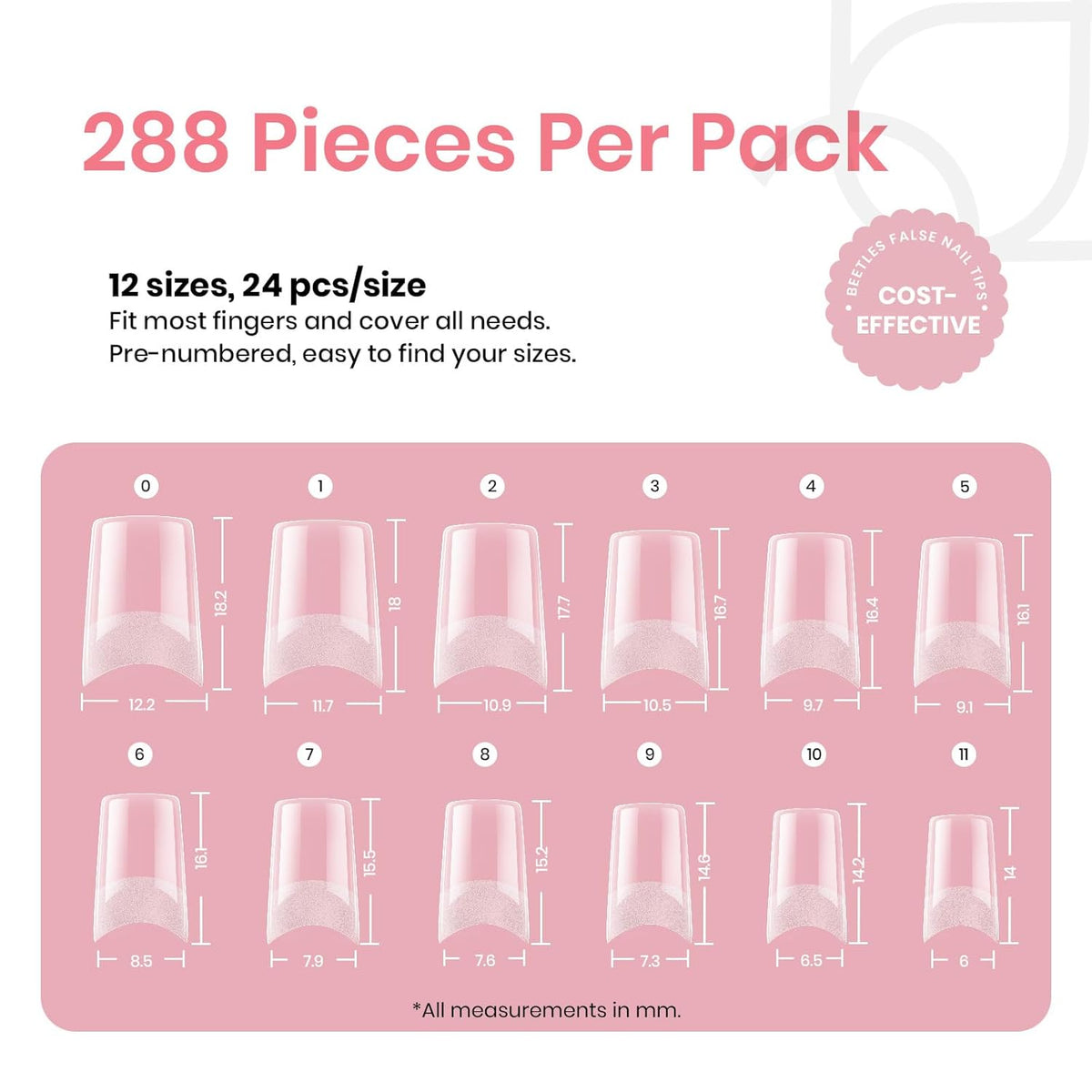 Beetles Gel Nail Tips Kit Etch-X, Square Medium, 288Pcs 12 Sizes, with 10mL Nail Glue, Pre-Etched Half Matte Half Cover Soft Acrylic False Nail Kit for Home DIY Salon Art Fall Press on Nail Extension