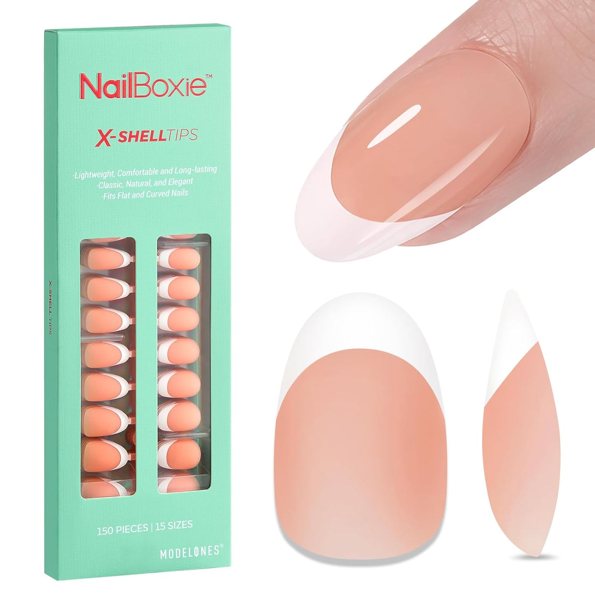modelones Press on Nails, 150 Pcs French Tip Press on Nails, NailBoxie Brown Short Almond Nail Tips, Soft Gel Nail Tips, Ideal for Wedding, Party, Daily DIY Nail, 15 Sizes (S)