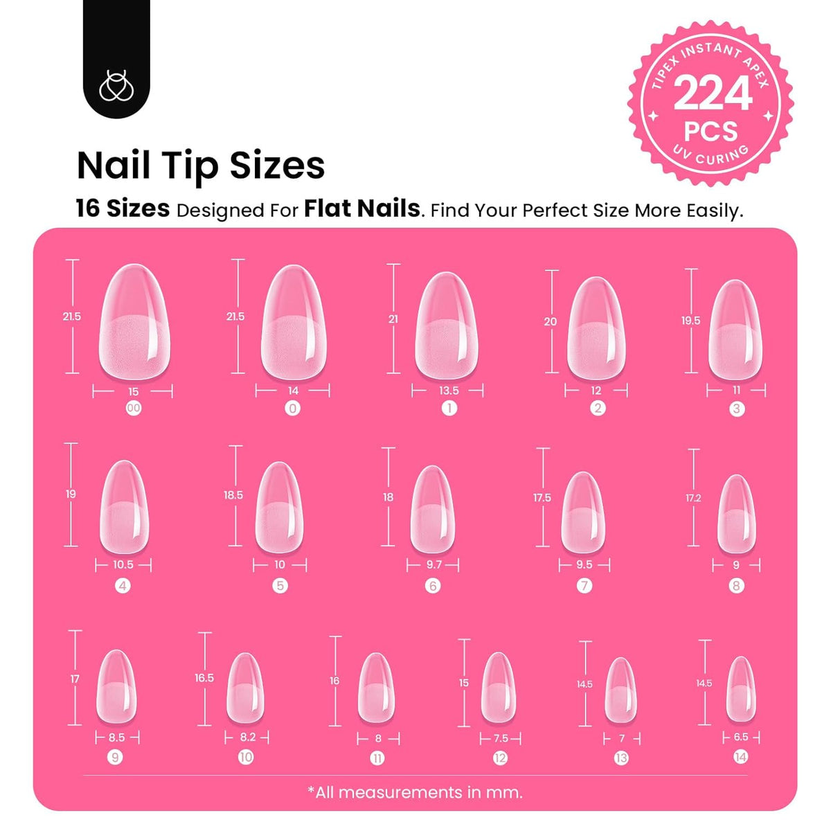 Beetles Tipex Instant Apex Nail Tips Kit, Oval Short 224Pcs 16 Sizes Pre-Building & Pre-Etched Thicker Acrylic Nails False Nail Extension with Tipex Uv Nail Glue Mini Nail Lamp