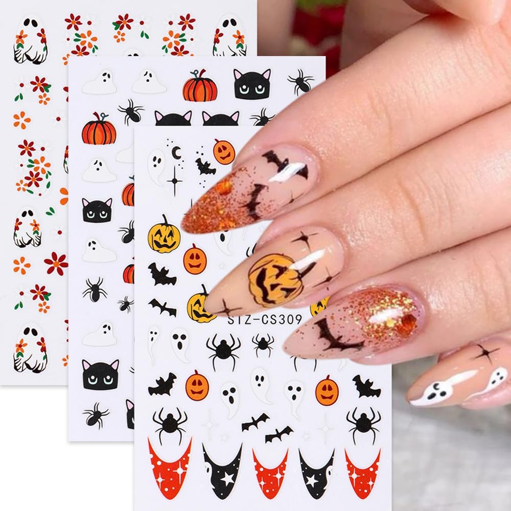 3 Pcs Halloween Nail Art Stickers Decals Cute Ghost Pumpkin 3D Self Adhesive Nail Decals Flower Ghost Nail Design Pumpkin Cats Spider Bats French Manicure Supplies for Women Nail Decor