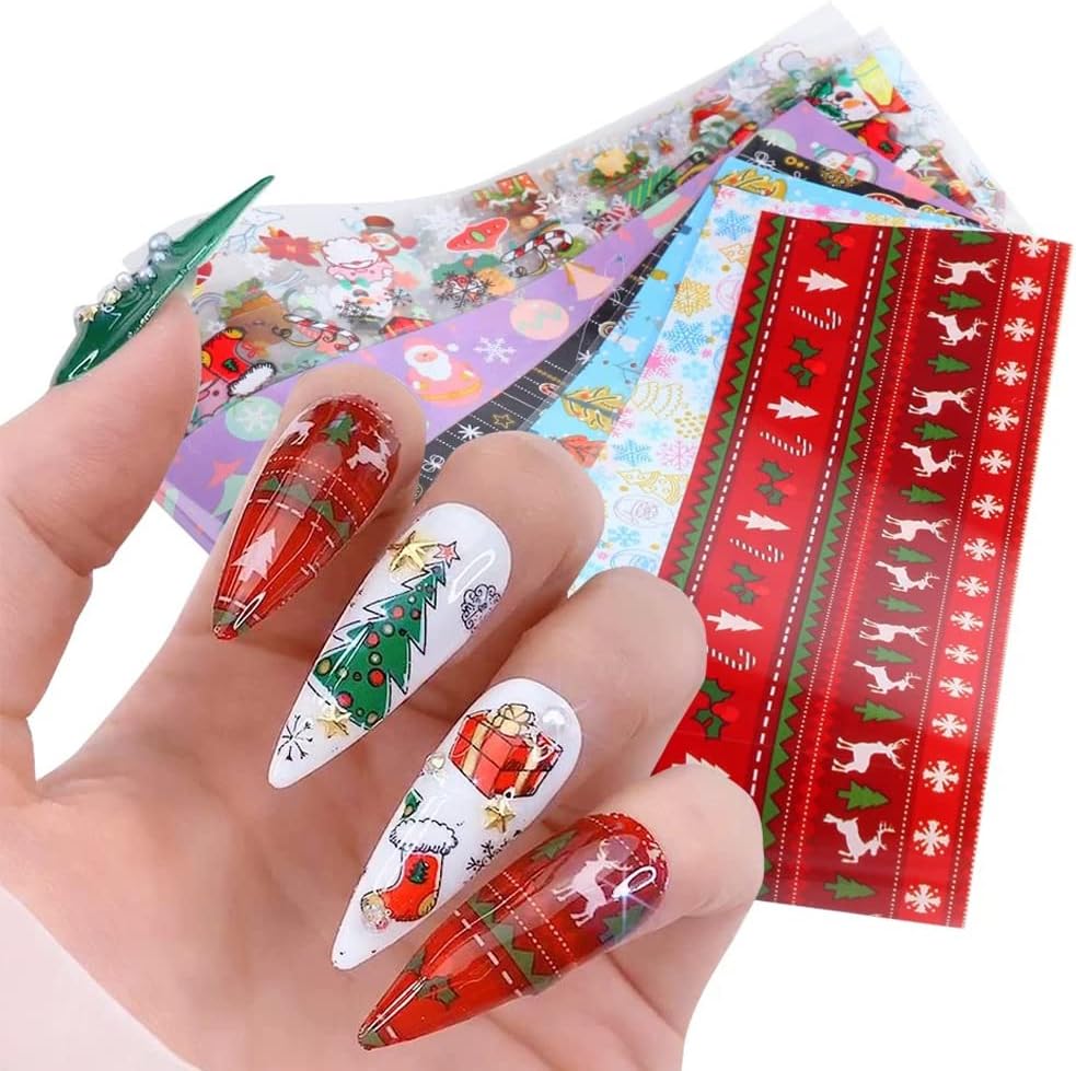 Christmas Nail Stickers Decals Nail Foil Transfer Sticker 10 Sheets Christmas Santa Tree Snowflake Deer Xmas Holiday Decorations Stickers for Manicure Supplies