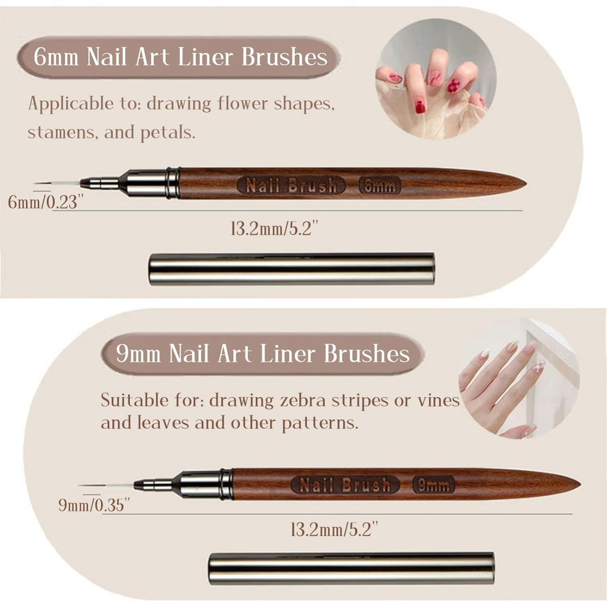 5Pcs Nail Art Liner Brushes, Fine Liner Striping Brush 6/9/12/15/18mm Thin Nail Art Design Brush with Cap Nail Brush Gel Polish Painting Nail Art Design Brushes for Long Lines, Thin Details