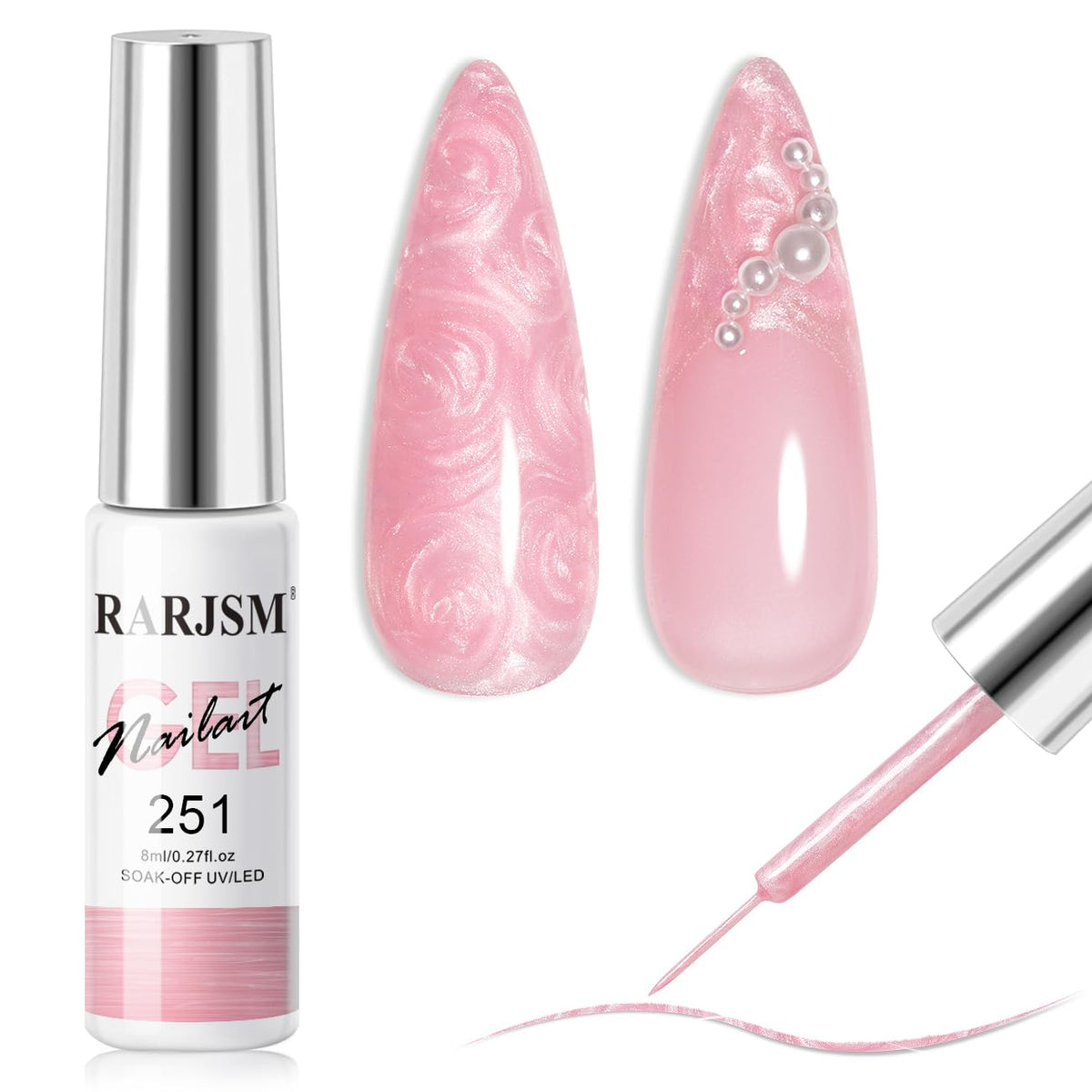RARJSM Pearl Pink Nail Art Gel Liner Pearlescent Shell Glitter Swirl Effect Gel Nail Polish 8ml Build in Thin Brush Painted Drawing Striper Gelpolish Soak off Curing Requires for Home Salon Design