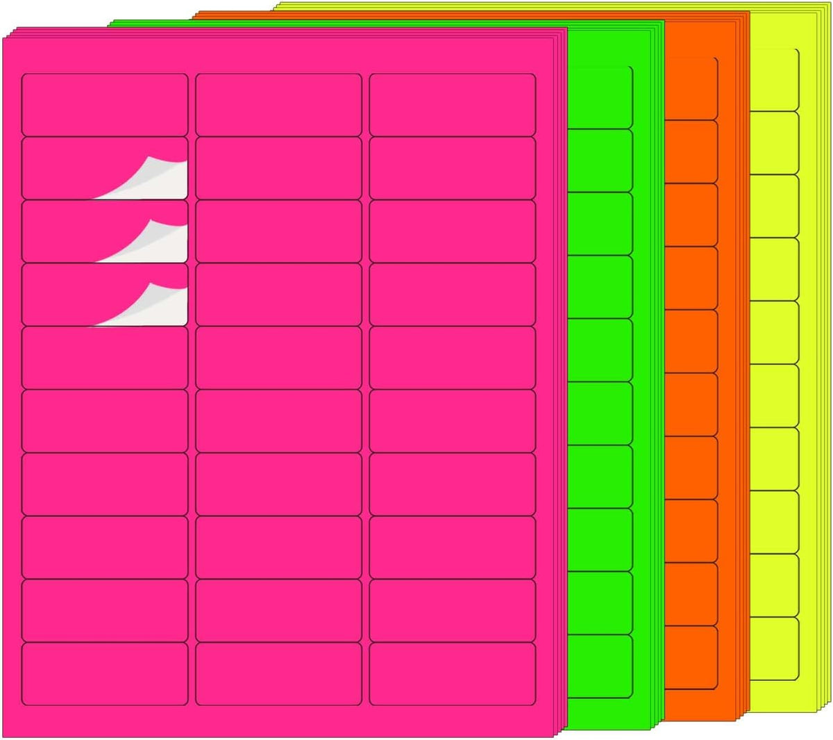 STARLIBOO 1" x 2-5/8" Neon Colored Labels Stickers Fluorescent Bright Neon Color Address Labels for Laser/Inkjet Printer, Permanent Adhesive- 600 Pcs/ 4Colors