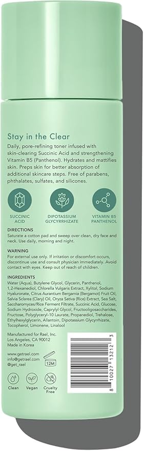 Rael Toner for Face, Miracle Clear – Daily Toner with Succinic Acid, Vitamin B5, Hydration, Korean Skin Care (5.1 oz)