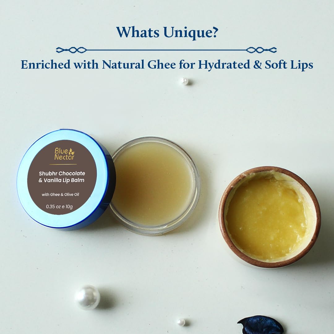 Blue Nectar Natural Lip Balm Chocolate & Vanilla with Organic Ghee for Dry Lips | Herbal Ayurvedic Hydrating Lip Gloss for Women (0.35 oz, 12 Herbs)