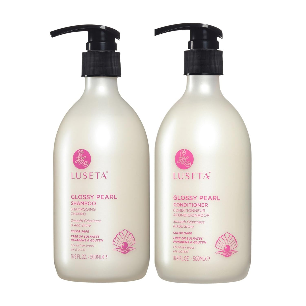 Luseta Glossy Pearl Shampoo and Conditioner Set Smooth & Moisturize, Fight Frizziness and Add Shine,Hydrating for Damaged Hair, Detangle,Nourish Strands,Paraben Free, Sulfate Free,16.9oz