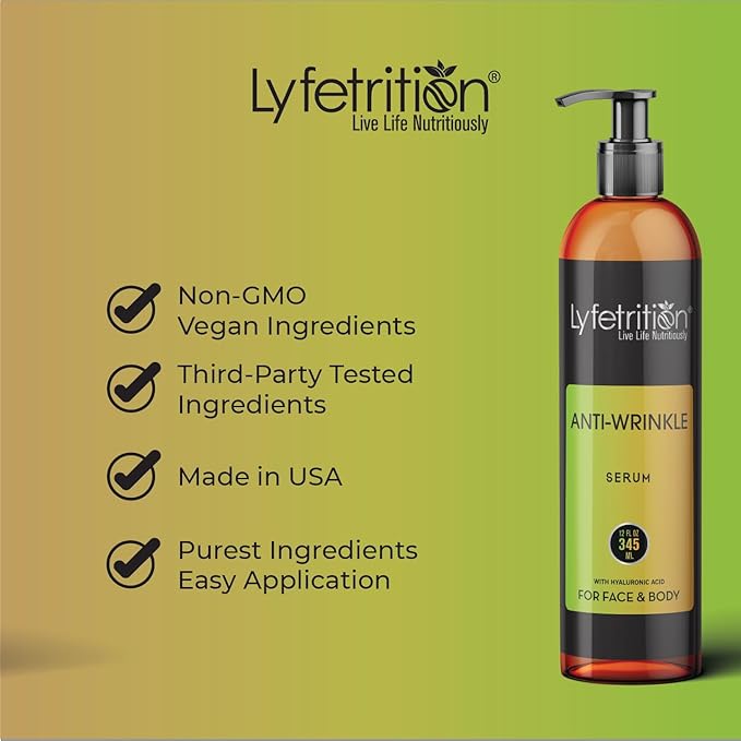Lyfetrition Anti-Wrinkle Serum | 12 Oz Large Bottle | Anti-Aging Face Serum With Jojoba Oil, Rosehip Seed Oil & Many More Natural Ingredients - Moisturizing Cleanser for Fair & Younger Looking Skin