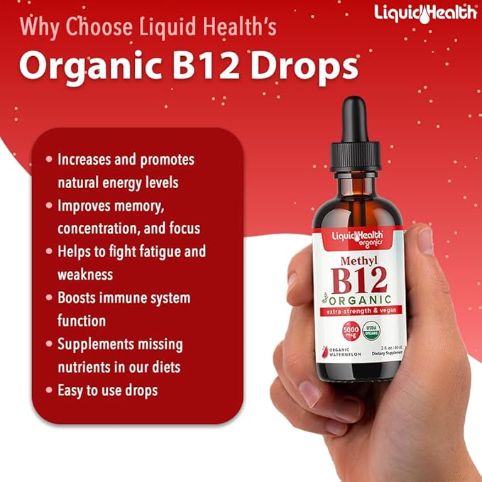 LIQUIDHEALTH Neurologic Nootropic Focus Supplement & Organic Methyl B12 5000mcg Vitamin Drops with Tart Cherry Juice for Immune Support, Improved Memory & Concentration, Natural Energy, Overall Health