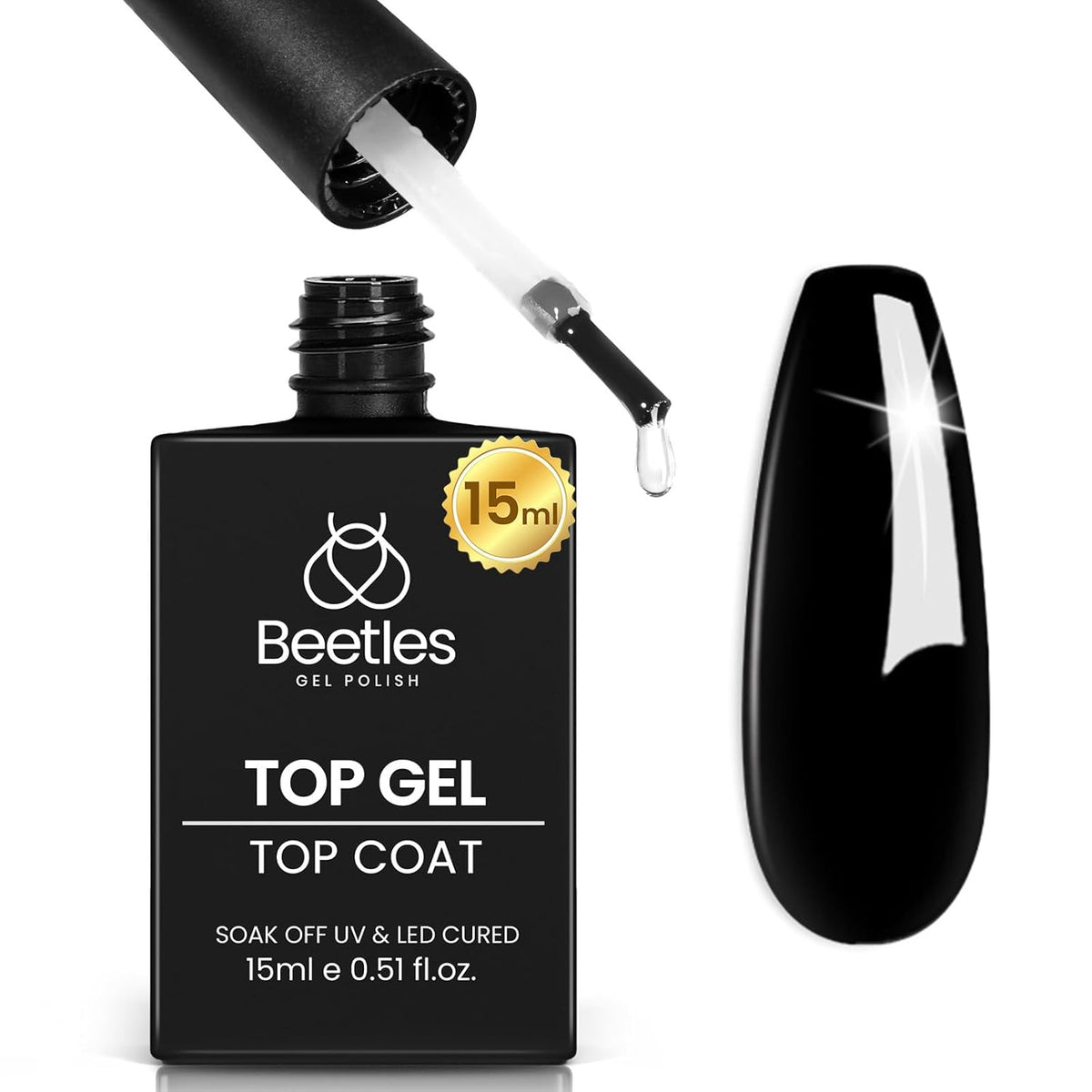 Beetles No Wipe Gel Top Coat, 15ml Top Coat Gel Nail Polish Clear Color Shine Finish and Long Lasting, Soak Off U v Nail Lamp Gift for Girls