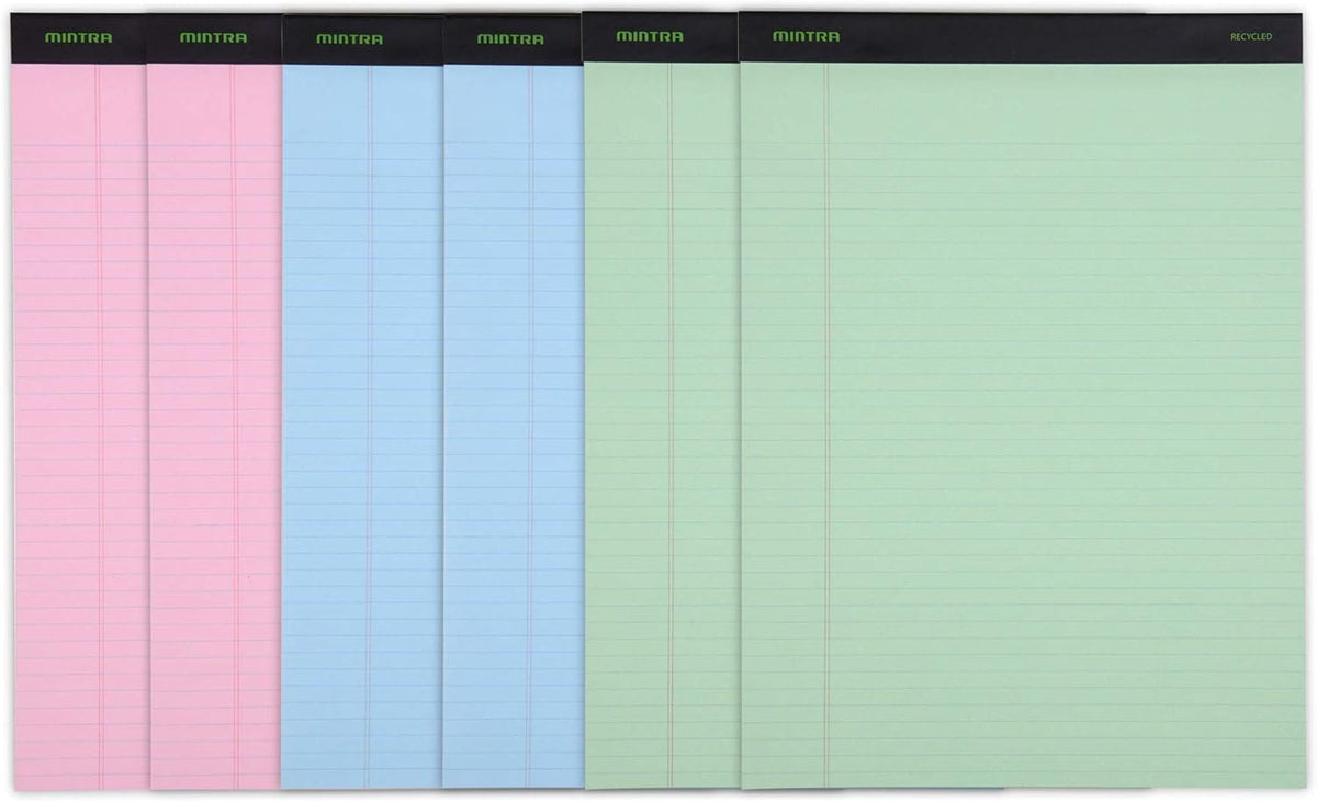 Mintra Office Legal Pads, ((Basic 6pk - (Pastel Version #3), 8.5in x 11in, Narrow Ruled)) - Includes 2 Blue Writing Pads, 2 Pink Writing Pads and 2 Green Writing Pads