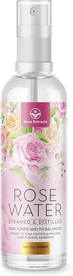 Eeva Extracts - Organic Rose Water I Natural Hydrates,Cleanses & Moisturises for Skin & Face I No Sulphate,Alcohol,&Parabens I pH Balancer I Facial Toner Spray I for Women & Men,100Ml