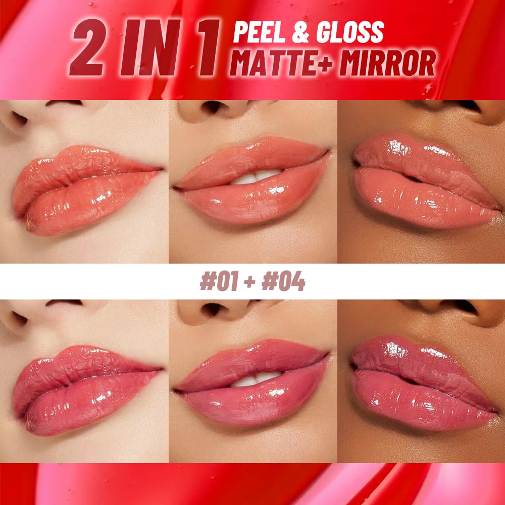2Pcs Lip Stain Peel Off Lip Gloss oil Dual-Ended Combo, Lips Liner Stain Peel Off Masque, Long Lasting & Waterproof, Transfer-Proof Lip Tint Stain with Lip oil for All Skin Type 01#+04#