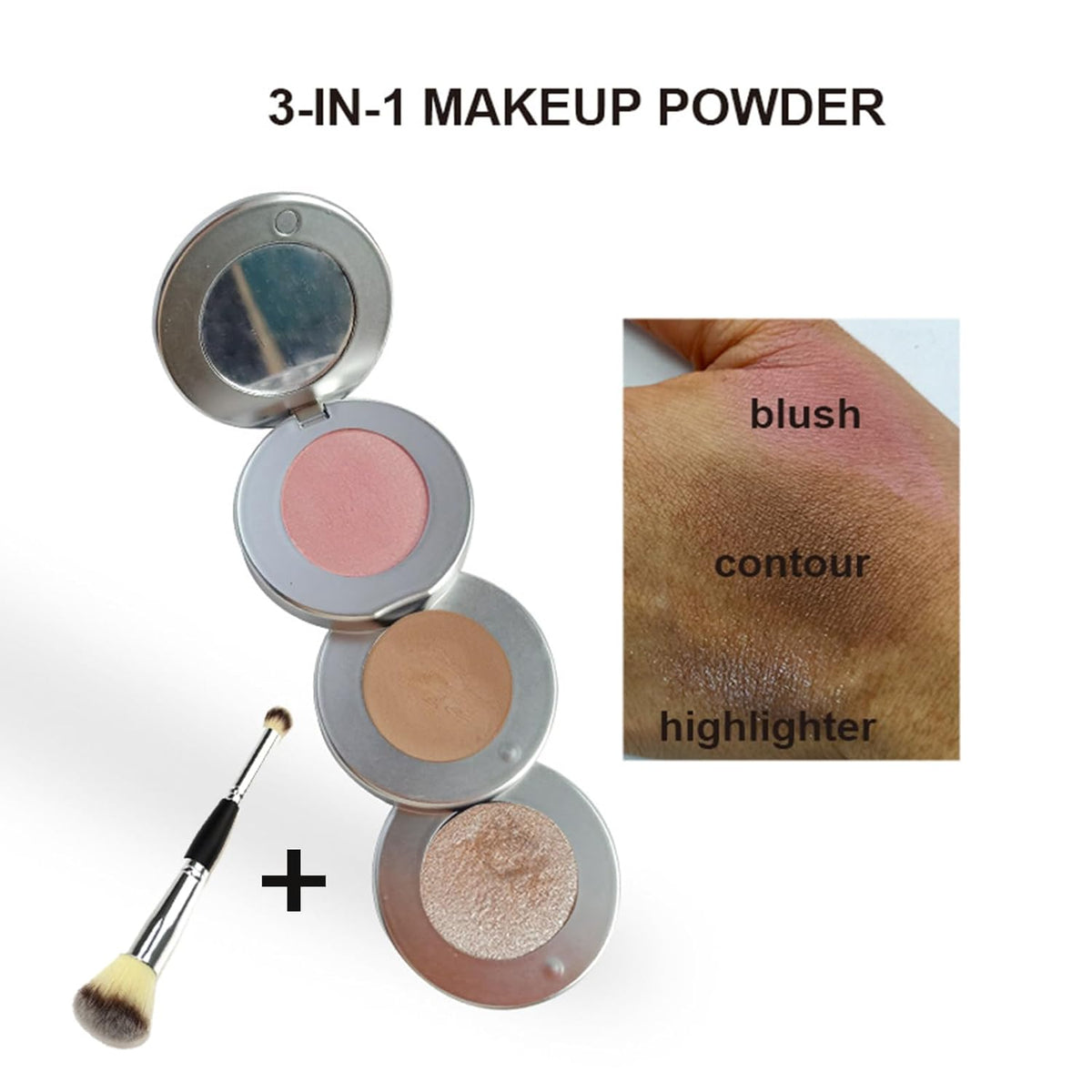 Blush Contour and Highlighter Palette, 3 in 1 Face Contouring, Pink Blusher for Cheeks and Natural Glitter Highlighter Powder Makeup Palet with Brush and small Mirror, Compact Stackable
