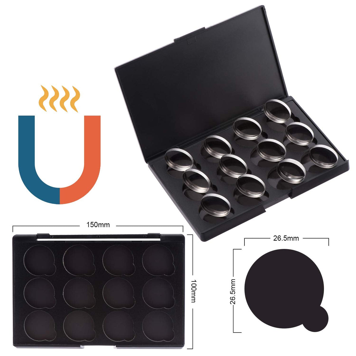 Empty Magnetic Eyeshadow Makeup Palette with 12Pcs 26mm Round Metal Pans