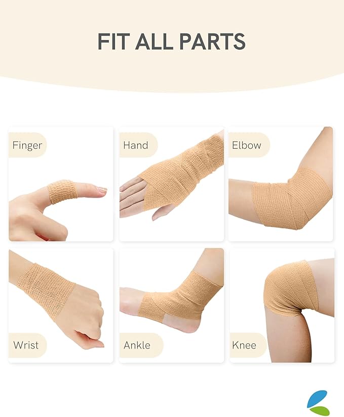 FriCARE Self Adhesive Bandage Wrap, Medical Tape in First Aid Kit, Cohesive Bandages for Wounds Sport Vet, FSA/HSA Eligible, 2 Inches X 5 Yards 6 Rolls, Tan