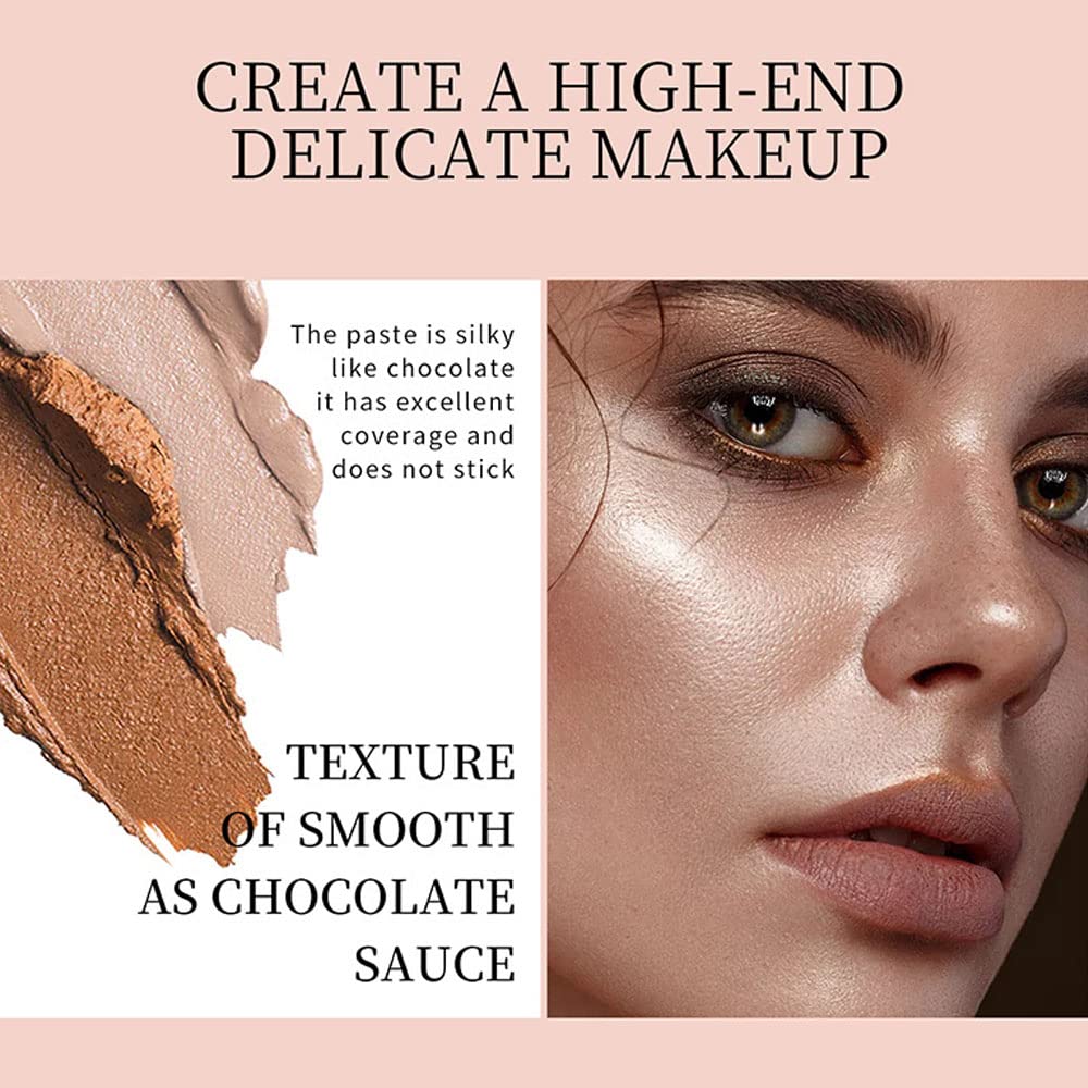 Pro Cream Highlight and Contour Palette Kit with Mirror & Brush for Women. White Silver Gold Highlight Brown Face Correcting Concealer Palette