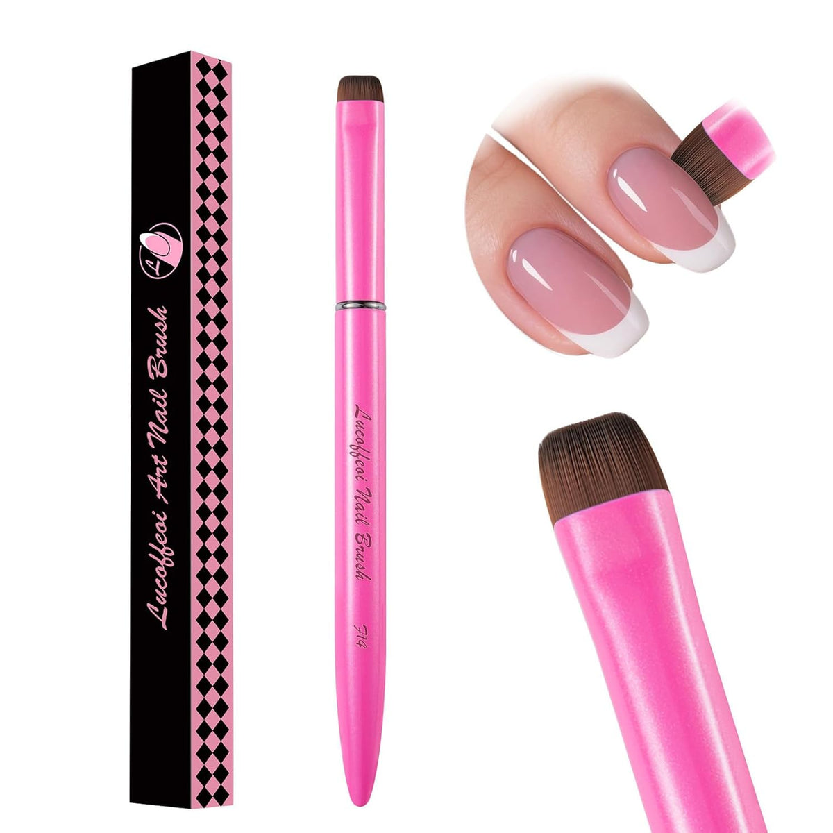 Nail Brush for French Tip, Nail Cleaning Brush for Gel & Acrylic - Professional Kolinsky Sable French Manicure Brush, Thin Nail Art Brush for Precise Clean Up & Polygel Application (Pink, F14)