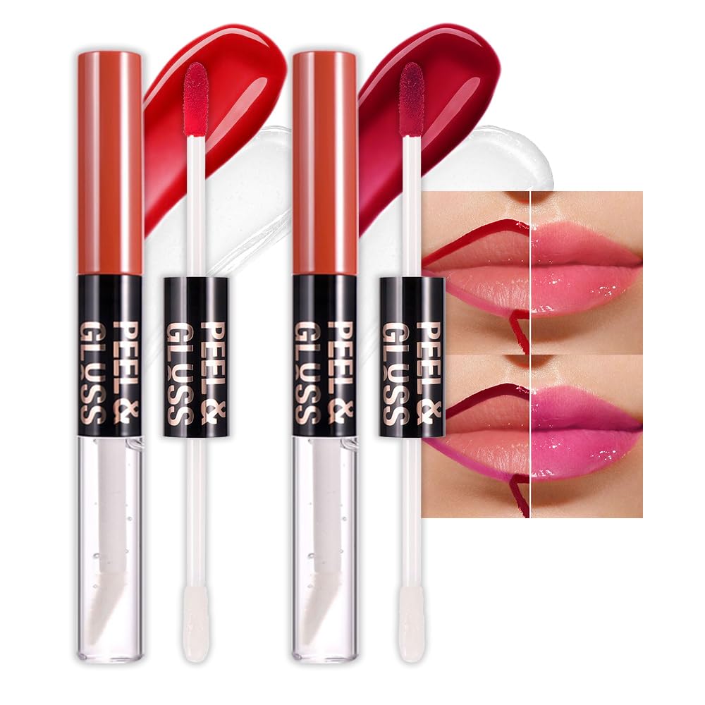 2Pcs Lip Stain Peel Off Lip Gloss oil Dual-Ended Combo, Lips Liner Stain Peel Off Masque, Long Lasting & Waterproof, Transfer-Proof Lip Tint Stain with Lip oil for All Skin Type 02#+03#
