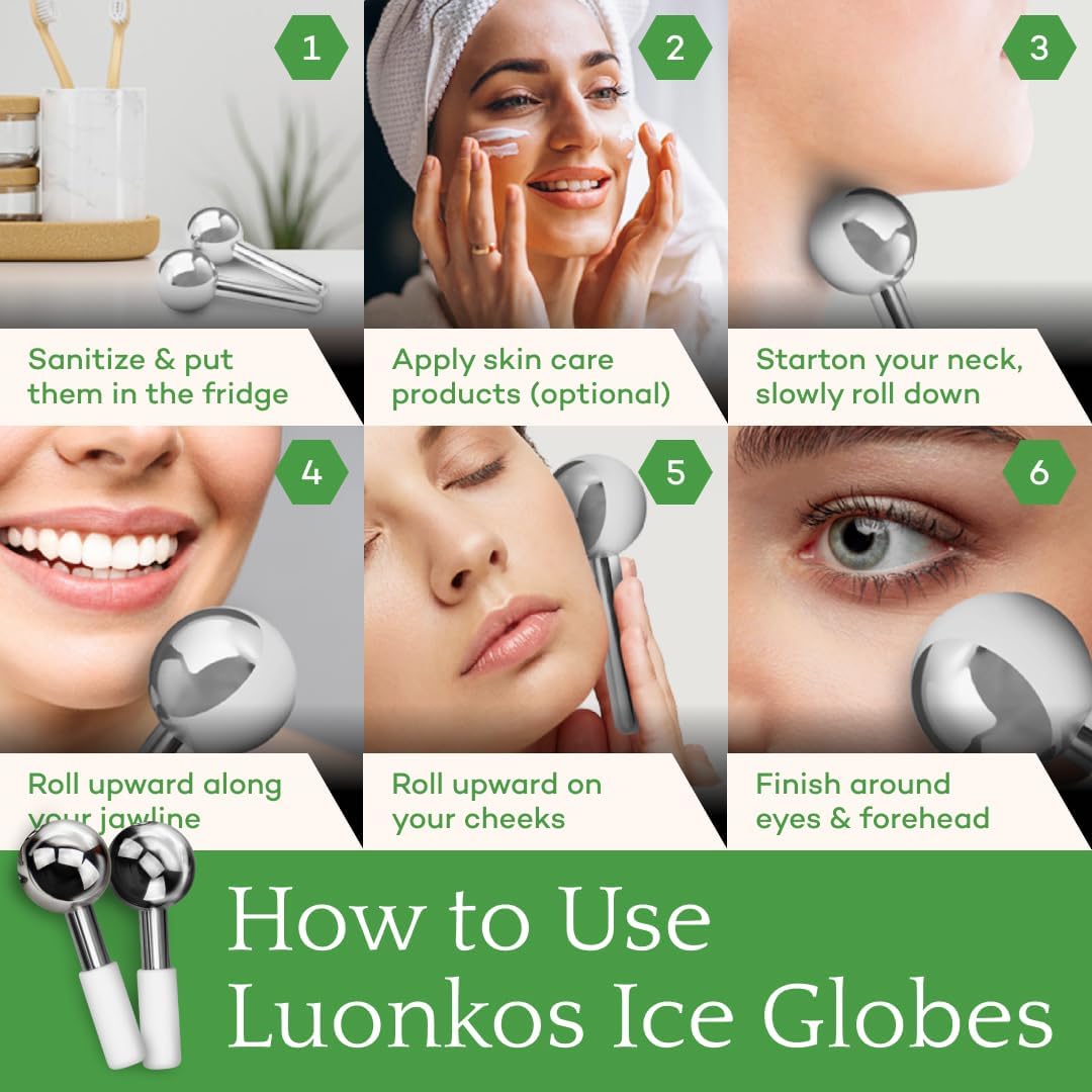 LUONKOS Gua Sha Ice Globes - Set of 2, Silver Stainless Steel - Facial Massage Tool & Lymphatic Drainage Massager - Reduces Puffiness, Fine Lines & Dark Circles