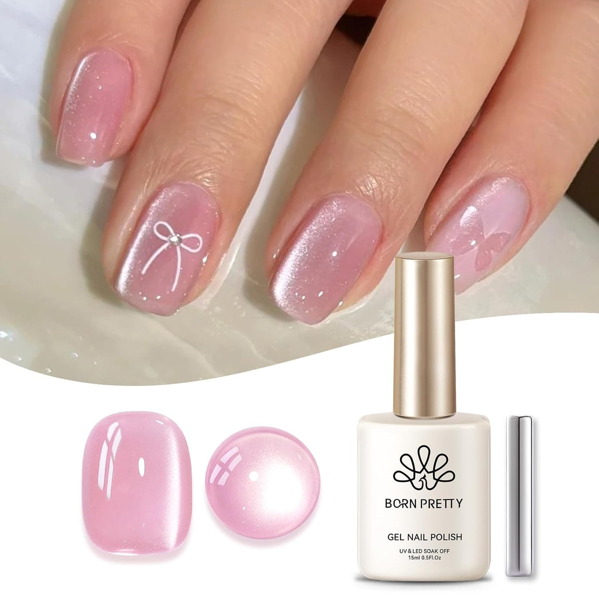 Born Pretty Cat Magnetic Eye Gel Nail Polish, Pink Moonlight Cat Magnetic Gel, Glass Shiny Effect Pink Soak Off Nail Art Salon Manicure Home Gift 15ml