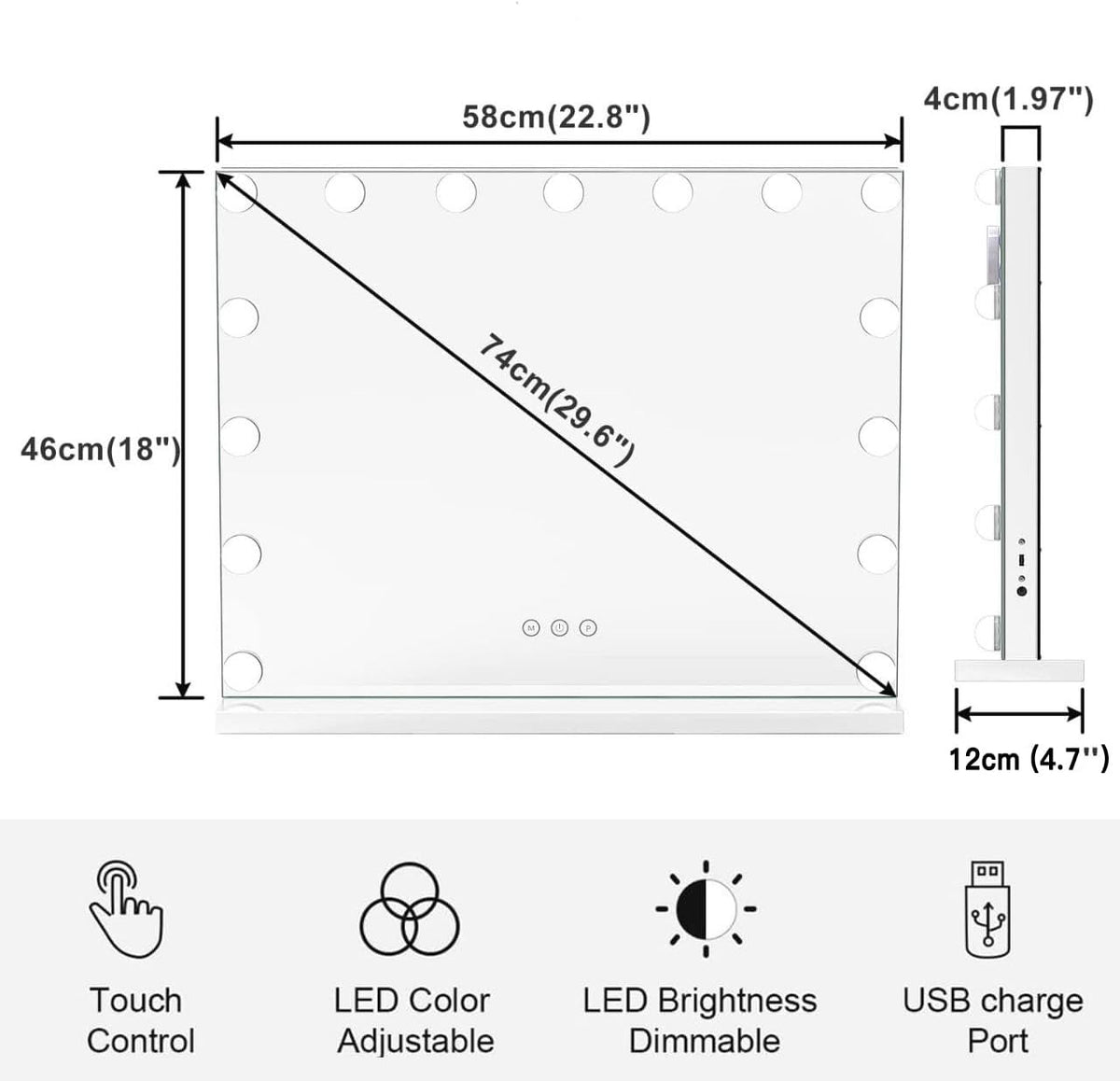 HIEEY Vanity Mirror with Lights, Hollywood Lighted Mirror with 15 Dimmable LED Bulbs, Makeup Mirror with Lights, and 5X Magnification Mirror, 3 Colors Modes,Touch Control, Metal Frame,White