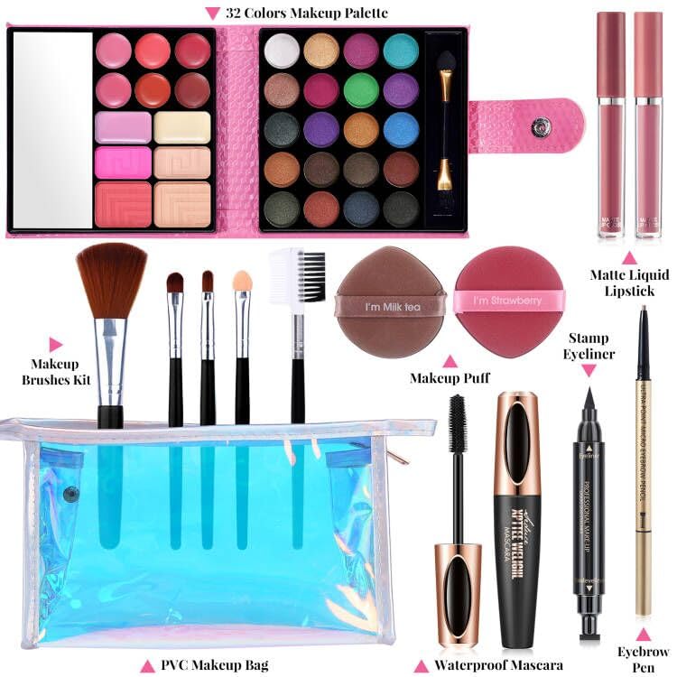 Makeup Set for Women Full Kit - 32 Colors Makeup Palette,5pcs Brushes Set, Mascara & Stamp Liquid Eyeliner, Eyebrow Pen, 2pcs Matte Liquid Lipsticks, 2 Powder Puff, 1 Cosmetic Bag Makeup Gift Set