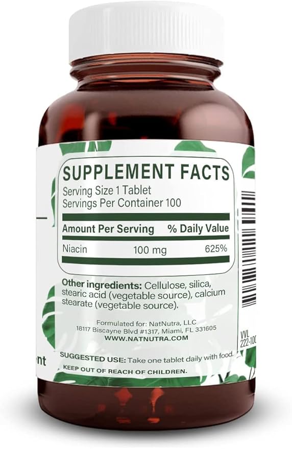 Natural Nutra Niacin Supplement for Energy, Help Maintain Body Fats, Improve Digestion, Promotes Skin Health, Boost Energy and Brain Function, Non-GMO, Gluten-Free, 100 mg, 100 Tablets (Pack of 2)
