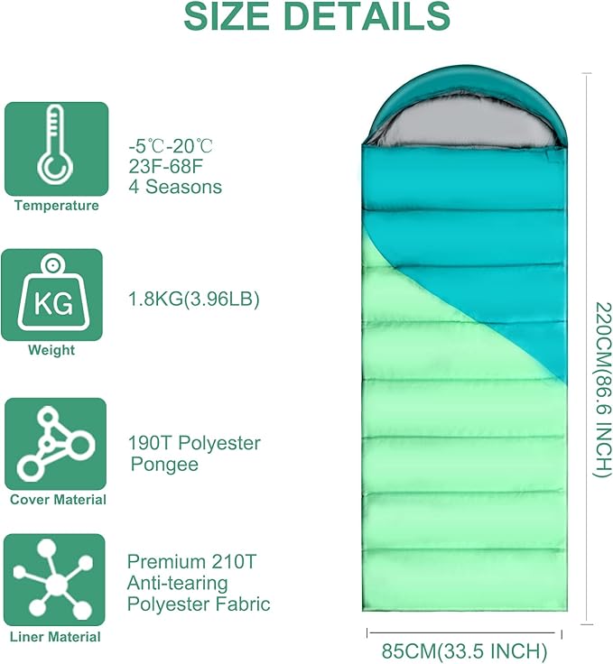 Camping Sleeping Bags for Adults Kids - 3-4 Seasons Warm & Cold Weather Backpacking Hiking XL Size Roomy Camping Gear Equipment for Couples Outdoor Car Family Travelling - Lightweight & Waterproof