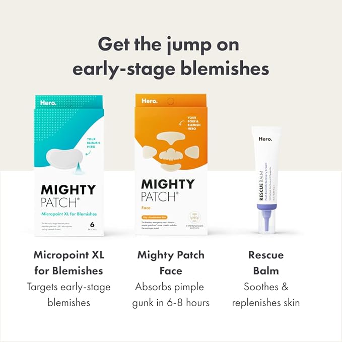 Mighty Patch Micropoint Large Hydrocolloid Pimple Patches for Face Blemishes from Hero Cosmetics, Acne Stickers for Early Stage Zits & Hidden Pimples, 1,385 Proprietary Micropoints, 6 Count