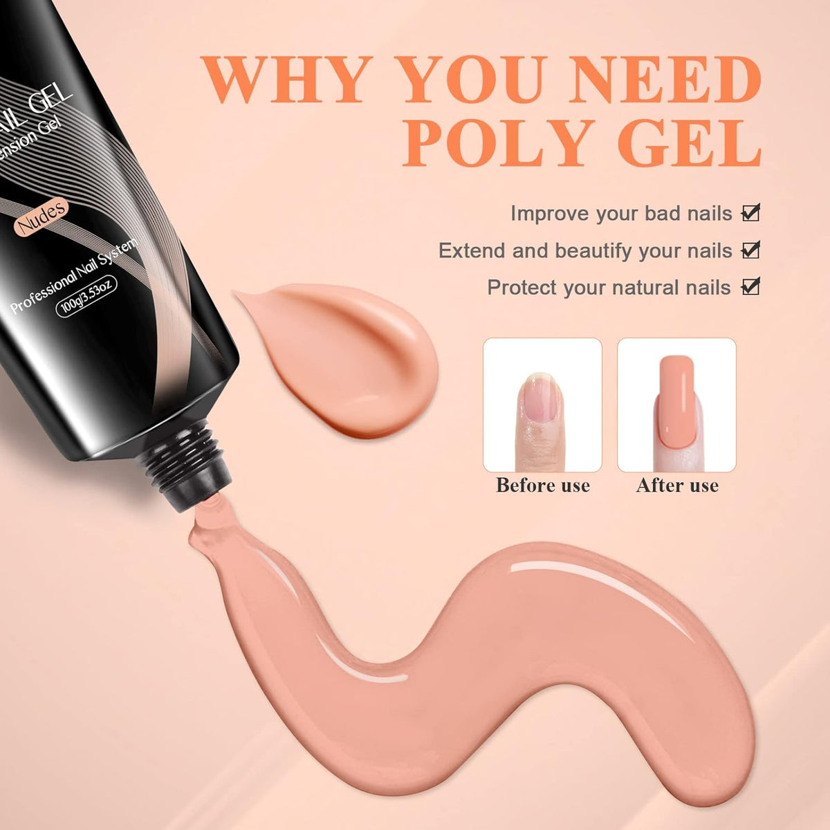 SAVILAND 100ML Poly Nail Extension Gel: Larger Capacity Poly Gel at-Home Easiest Hard Nails Gel Nudes for Starter Long-Lasting Poly Nail Gel Beginner No Lifting Super Durable Gift for Girls
