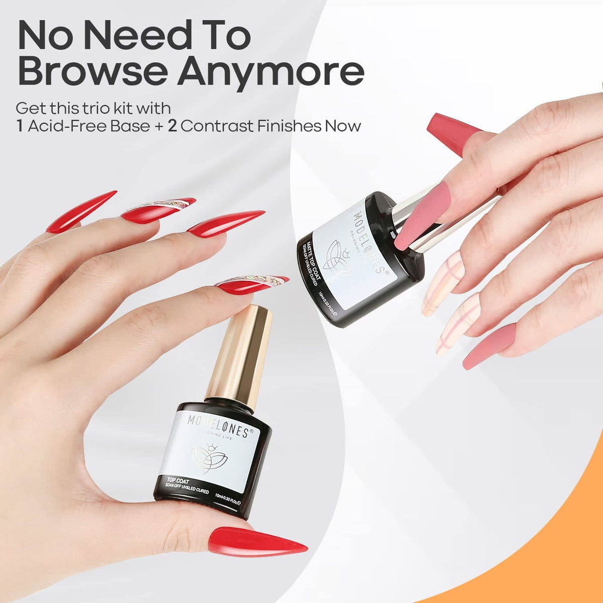modelones Gel Top Coat Base Coat for Gel Nail Polish, 3 Pcs 10 ml No Wipe Matte & Shiny Top Coat, Long Lasting High Gloss and Matte Effects DIY at Home