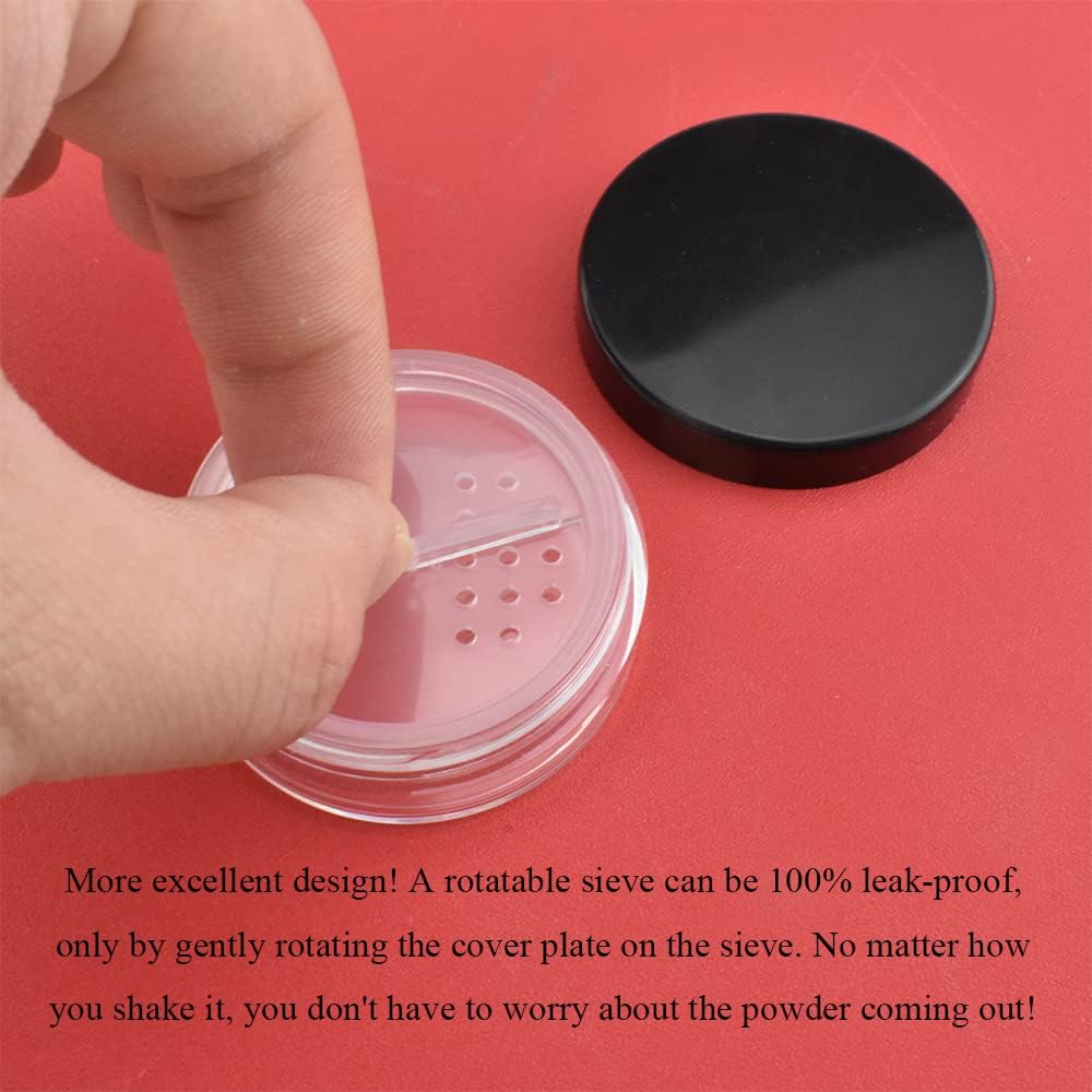 HAHIYO 4pcs 10ml/0.34oz Plastic Empty Travel Compact Case Makeup Cosmetic Jar Refillable Powder Box No Leak Holder with Rotatable Sifter and Black Screw Lid