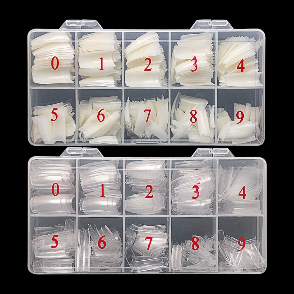 krofaue Nail Tips Lady French Style Acrylic Artificial Half Cover False Nail Tips with Box Ideal for Salons and Home DIY Manicure,10 Sizes,1000PCS (Natural and Clear)