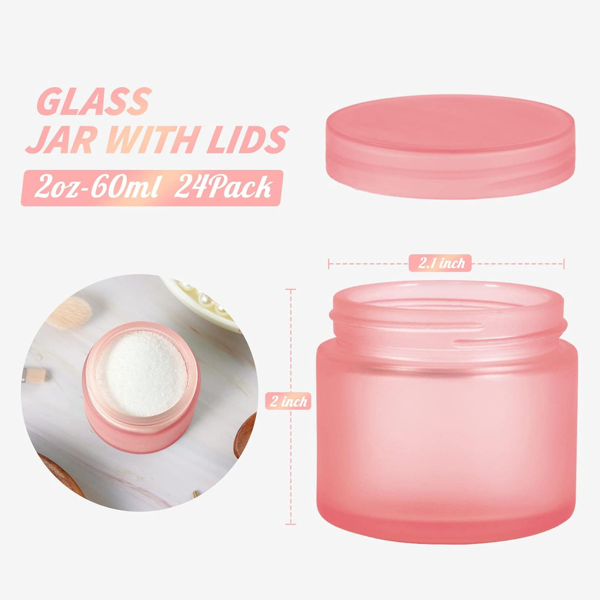2oz Glass Jars 24 Pack, Hoa Kinh Mini Round Pink Frosted Glass Jars with Inner Liners and Pink Lids, Perfect for Storing Lotions, Powders and Ointments