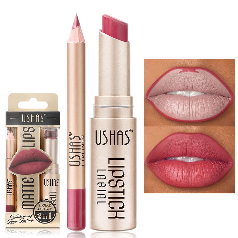 USHAS 2 in 1 Waterproof Lipstick and Lip Liner Combo Set - Long Lasting Matte Lipstick Pen with Liner Set Makeup Kit (G6, Pack of 1)